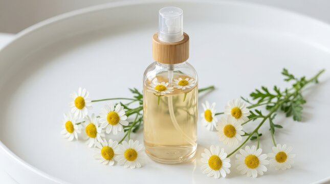 Chamomile Face Mist Bottle Surrounded by Fresh Chamomile Flowers on a White Plate in a Bright and Minimalist Setting