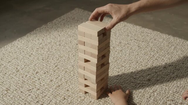 Adult hand placing wooden block on top of Jenga tower educational toy commercial