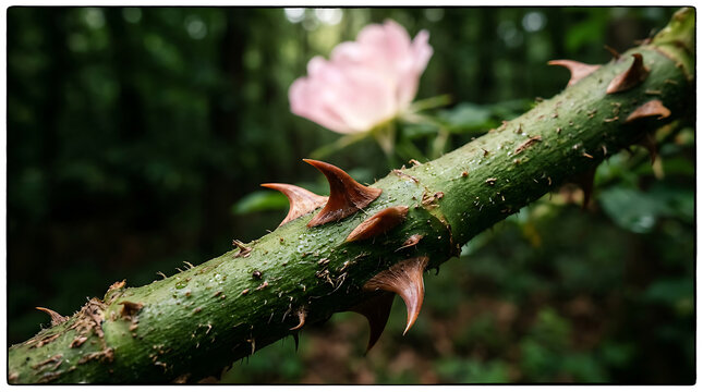 Wild briar rose stem with sharp thorns and a soft pink flower in a lush forest background