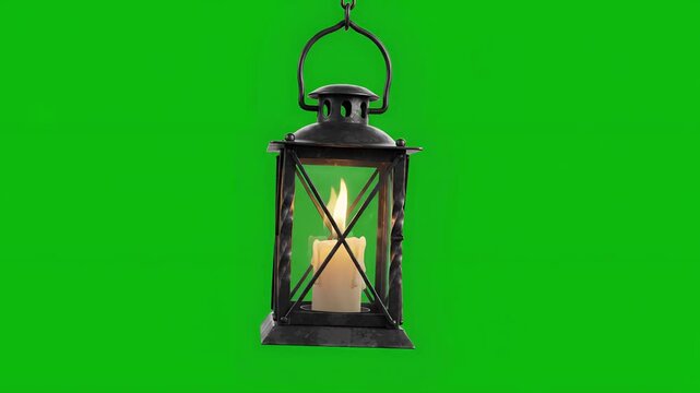 3D Hanging Lantern with Glowing Lit Candle Swaying on Green Screen