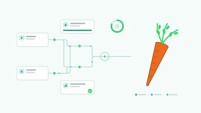 Animated carrot with leaves visualised as a node network in a modern flat vector style. Smooth looping 4K motion graphic with soft orange and amber colours, floating interface cards and flowing dots o