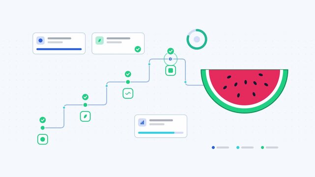 Seamless 4K looping animation showing a watermelon slice presented as a stage ladder. Flat vector icons, UI cards and animated connector lines move across a clean light background in warm red and cora