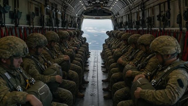 Paratroopers in a military aircraft.