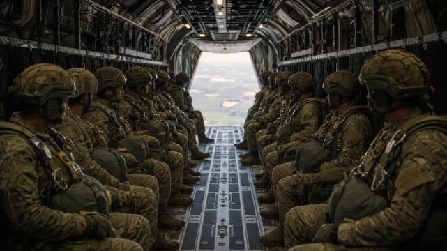 Paratroopers in a military aircraft.