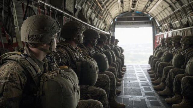 Paratroopers in a military aircraft.