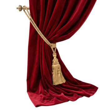 Red velvet curtain with gold tassel tieback isolated on white background