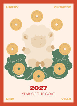Happy Chinese new year 2027 poster vector set. Year of the Goat zodiac template with goat and Chinese money coin. 