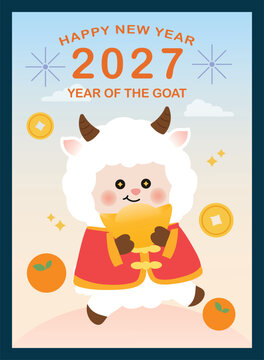 Happy Chinese new year 2027 poster vector set. Year of the Goat zodiac template with goat and Chinese dress. 