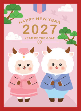 Happy Chinese new year 2027 poster vector set. Year of the Goat zodiac template with goat and Chinese dress. 