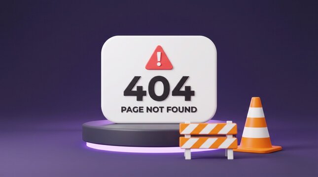 3D error 404 page not found concept with warning sign, barrier, and bright orange cone