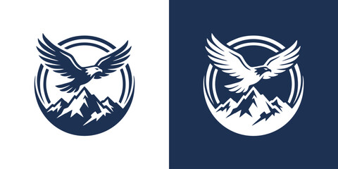 Fototapeta premium Dynamic vector logo featuring a majestic eagle soaring gracefully above rugged mountain peaks, symbolizing freedom, strength, and the inherent spirit of adventure
