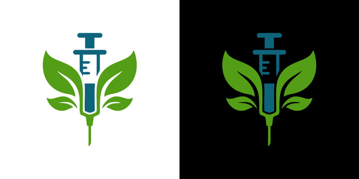 Natural medicine syringe logo template with green leaves representing herbal vaccine and organic healthcare concept