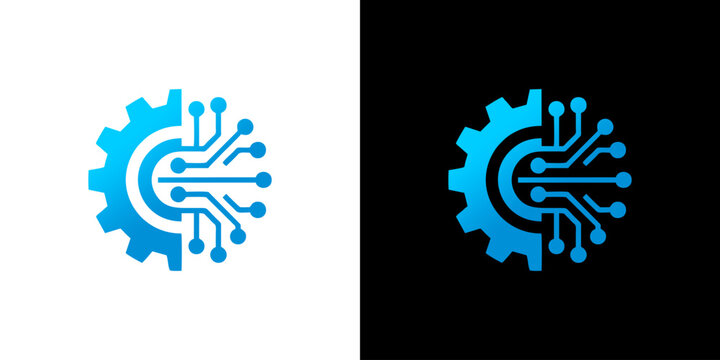 Gear and circuit digital technology logo, representing artificial intelligence, cybernetics, and mechanical engineering solutions