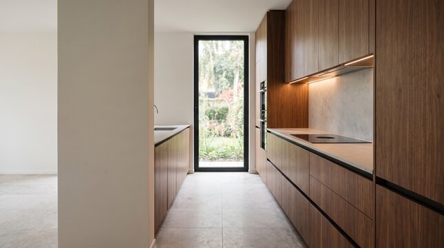 Contemporary galley kitchen with walnut and gray stone