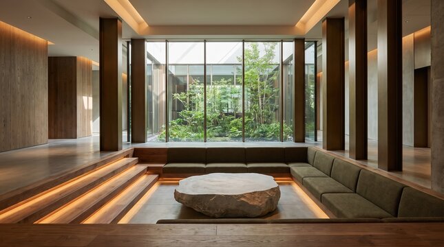 Urban hotel lounge with a sunken seating area
