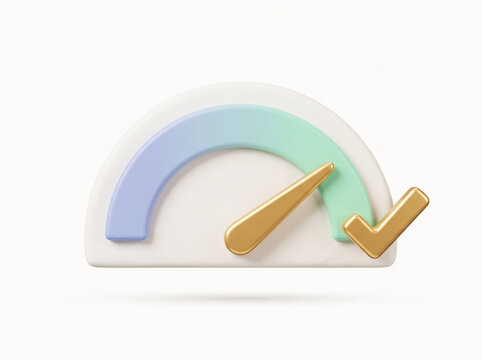 Performance speed meter gauge with golden arrow and checkmark in clay style