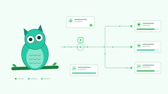 Animated owl on visualised as a converging flow in a modern flat vector style. Smooth looping 4K motion graphic with soft teal and turquoise colours, floating interface cards and flowing dots on a lig