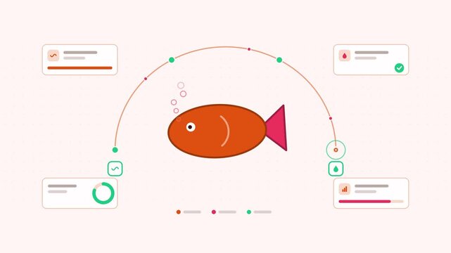 Seamless 4K looping animation showing a swimming fish presented as a back forth. Flat vector icons, UI cards and animated connector lines move across a clean light background in warm red and coral ton