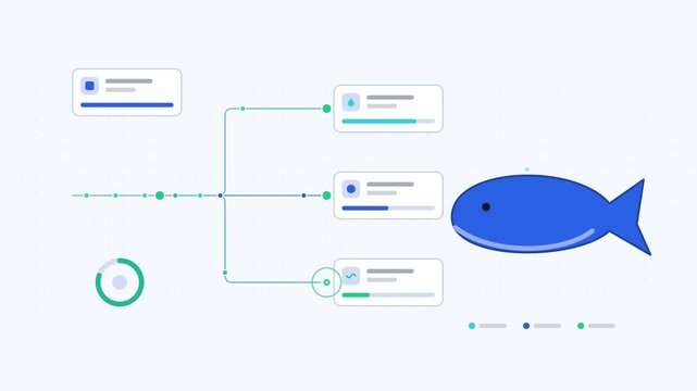Seamless 4K looping animation showing a whale with spout presented as a options split. Flat vector icons, UI cards and animated connector lines move across a clean light background in blue and azure t