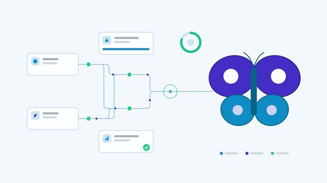 Animated butterfly simple visualised as a node network in a modern flat vector style. Smooth looping 4K motion graphic with soft teal and turquoise colours, floating interface cards and flowing dots o