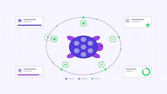 Animated turtle simple visualised as a loop cycle in a modern flat vector style. Smooth looping 4K motion graphic with soft blue and azure colours, floating interface cards and flowing dots on a light
