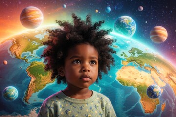 Fototapeta premium Small black child looks up with wonder. African boy stands in front of colorful world map, planets. Space background with globe, cosmic elements for Earth Day concept. Young kid explores universe,