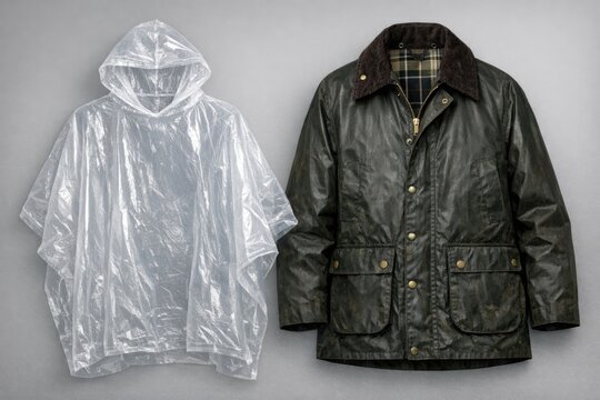 Two rain coats sit adjacent on a surface, likely together