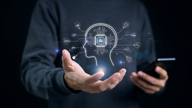 Human head silhouette with circuit board and icons hovering over open hands during digital innovation concept