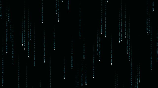 Matrix style falling digital code rain on black background