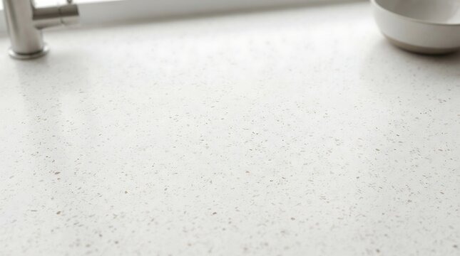 Modern white quartz kitchen countertop with stainless steel faucet