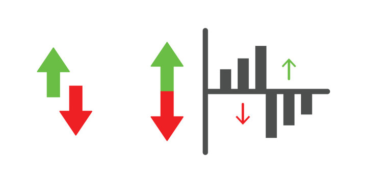 Up and down arrows and bar chart representing market trends. Used to represent financial market activity, specifically price movements and trading volume.