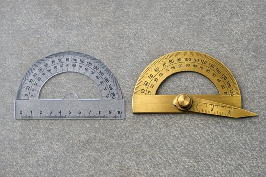 A ruler and a protractor placed side by side on a flat surface, used for measuring and calculating angles