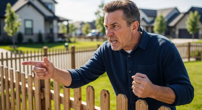 Angry neighbor yelling over fence in suburban area, expressing frustration with loud voice and intense gestures. Conflict between neighbors highlights tension in community settings,