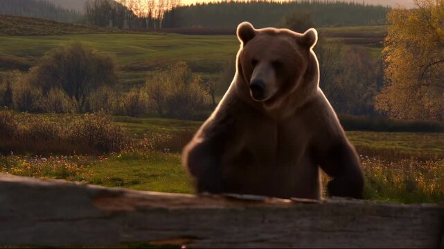 Bear sitting and scratching back on log in grassy field at golden hour with grassy meadow with furry