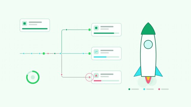 Animated rocket launch visualised as a options split in a modern flat vector style. Smooth looping 4K motion graphic with soft fresh green colours, floating interface cards and flowing dots on a light