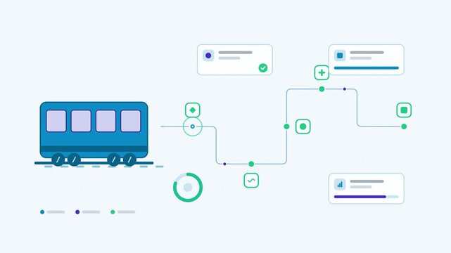 Seamless 4K looping animation showing a train carriage presented as a process chain. Flat vector icons, UI cards and animated connector lines move across a clean light background in teal and turquoise