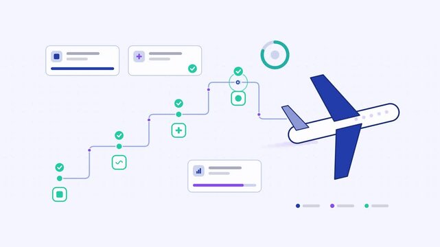 Animated airplane flying visualised as a stage ladder in a modern flat vector style. Smooth looping 4K motion graphic with soft blue and azure colours, floating interface cards and flowing dots on a l