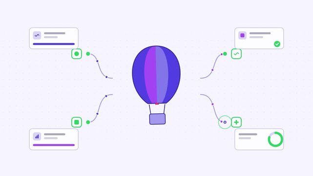 Animated hot air balloon visualised as a network hub in a modern flat vector style. Smooth looping 4K motion graphic with soft blue and azure colours, floating interface cards and flowing dots on a li