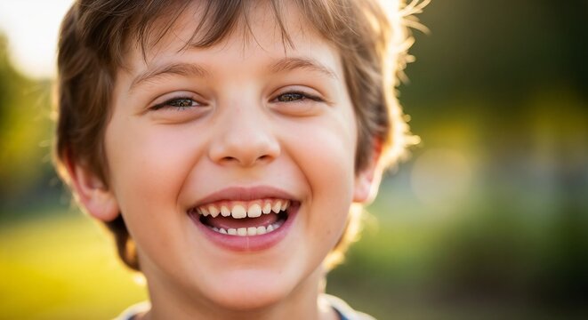 Joyful boy laughing with bright smile in outdoor setting. Happy boy expresses amusement and joy with cheerful laughter under sunlight. Concept of happiness captures joyful moments in childhood.