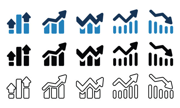 Professional set of blue and black business icons showing stock market growth trends and financial data on a white background.