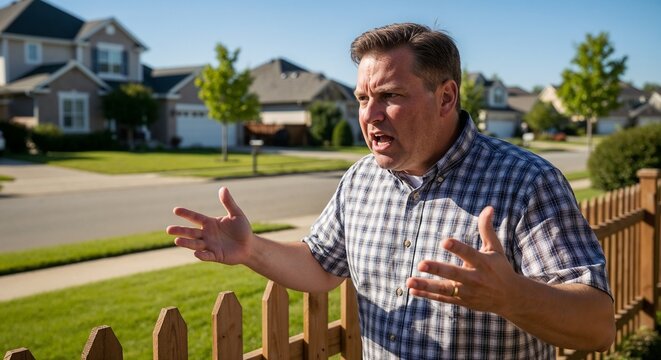 Angry neighbor expressing frustration with hands raised in suburban setting, homes in background. Discontent captures everyday life, illustrating conflict between neighbors.