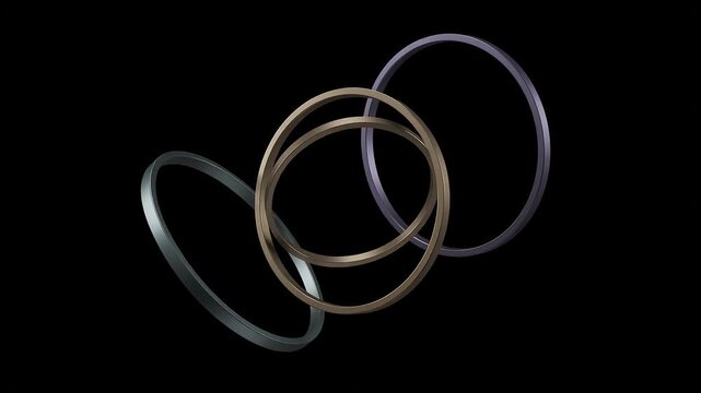 Abstract 3D interlocking rings in metallic bronze and dark purple floating on black background for modern graphic design