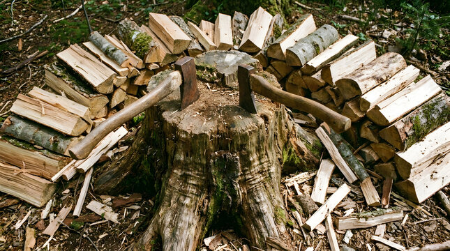 Two Vintage Hatchets Embedded in Tree Stump Surrounded by Firewood | Hand Axes Stuck in Tree Stump with Stacked Firewood Logs | Old Wood Chopping Axes Embedded in Stump in Forest