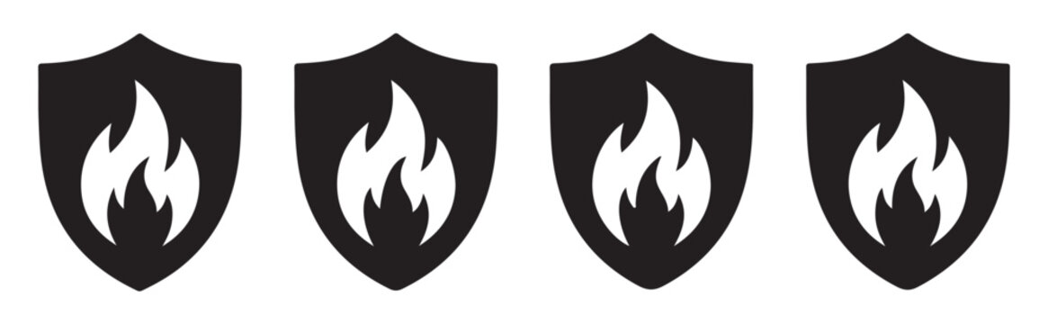 Shield icons with fire flame design elements for cyber security and safety warning signs.