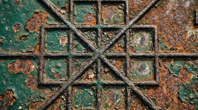 Close up texture of deeply weathered green metal grate