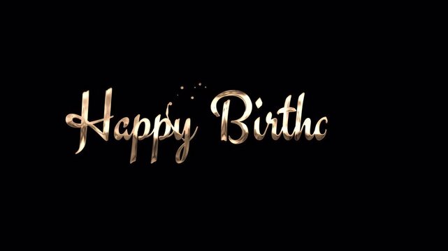 Happy birthday confetti in gold cursive lettering against black background. Perfect for birthday invitations, greeting cards, and celebration designs. 4K - Alpha Channel