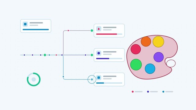 Animated paint palette visualised as a options split in a modern flat vector style. Smooth looping 4K motion graphic with soft fresh green colours, floating interface cards and flowing dots on a light
