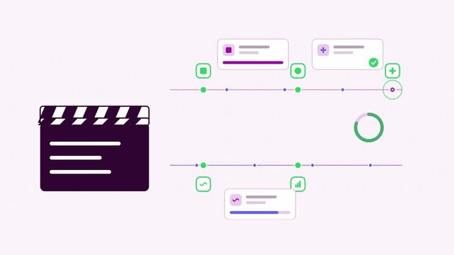Animated film clapper visualised as a parallel lanes in a modern flat vector style. Smooth looping 4K motion graphic with soft purple and violet colours, floating interface cards and flowing dots on a
