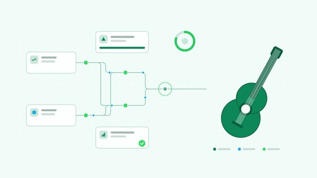 Animated acoustic guitar visualised as a node network in a modern flat vector style. Smooth looping 4K motion graphic with soft fresh green colours, floating interface cards and flowing dots on a ligh