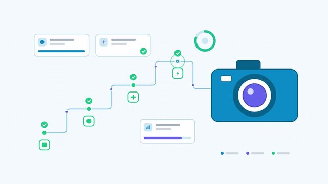 Animated photo camera visualised as a stage ladder in a modern flat vector style. Smooth looping 4K motion graphic with soft teal and turquoise colours, floating interface cards and flowing dots on a 